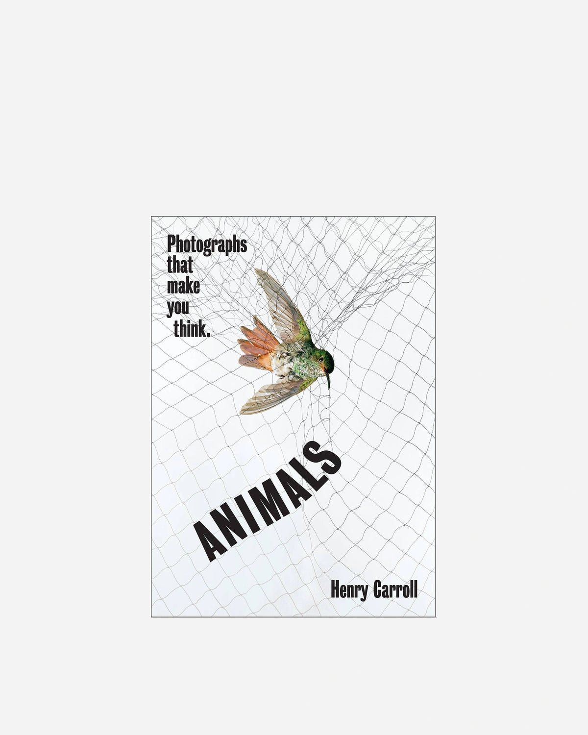 Book cover for 'Animals: Photographs that make you think.' by Henry Carroll, featuring a hummingbird in flight over a wire net with bold black text on a white background.