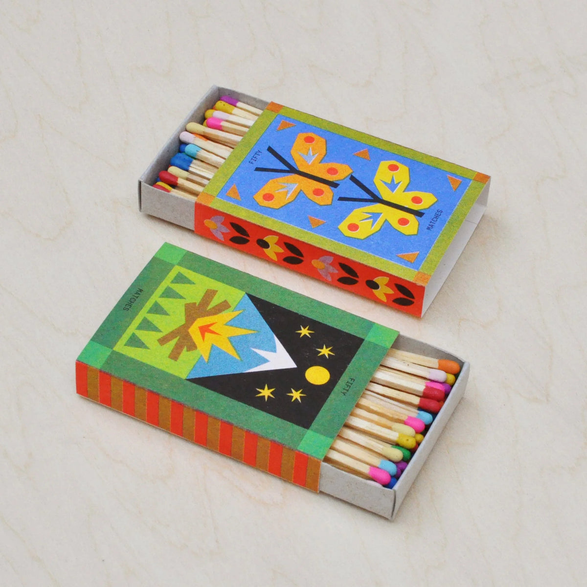 Campfire risograph printed matchbox — detail