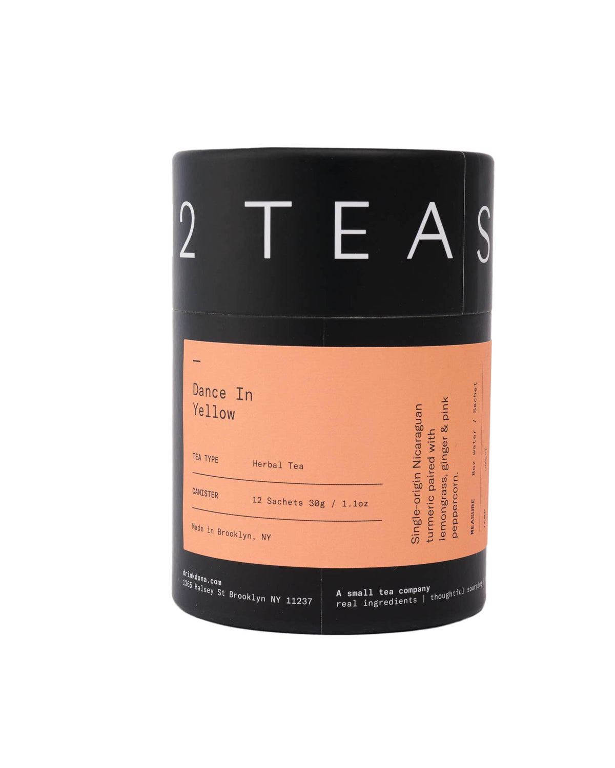 DONA Dance in Yellow herbal tea canister with orange label
